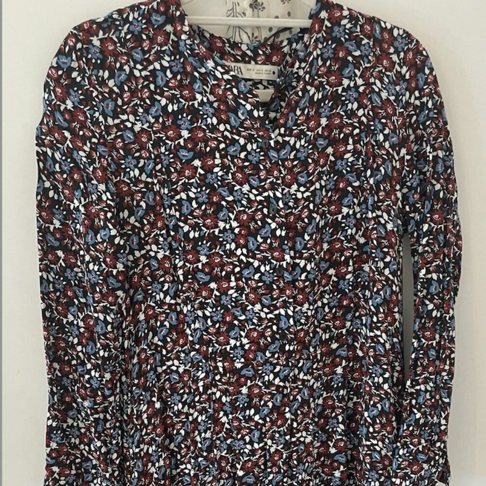 ZARA Midi Dress Women's Long Sleeve Dark Floral Cottage Prairie Pockets
